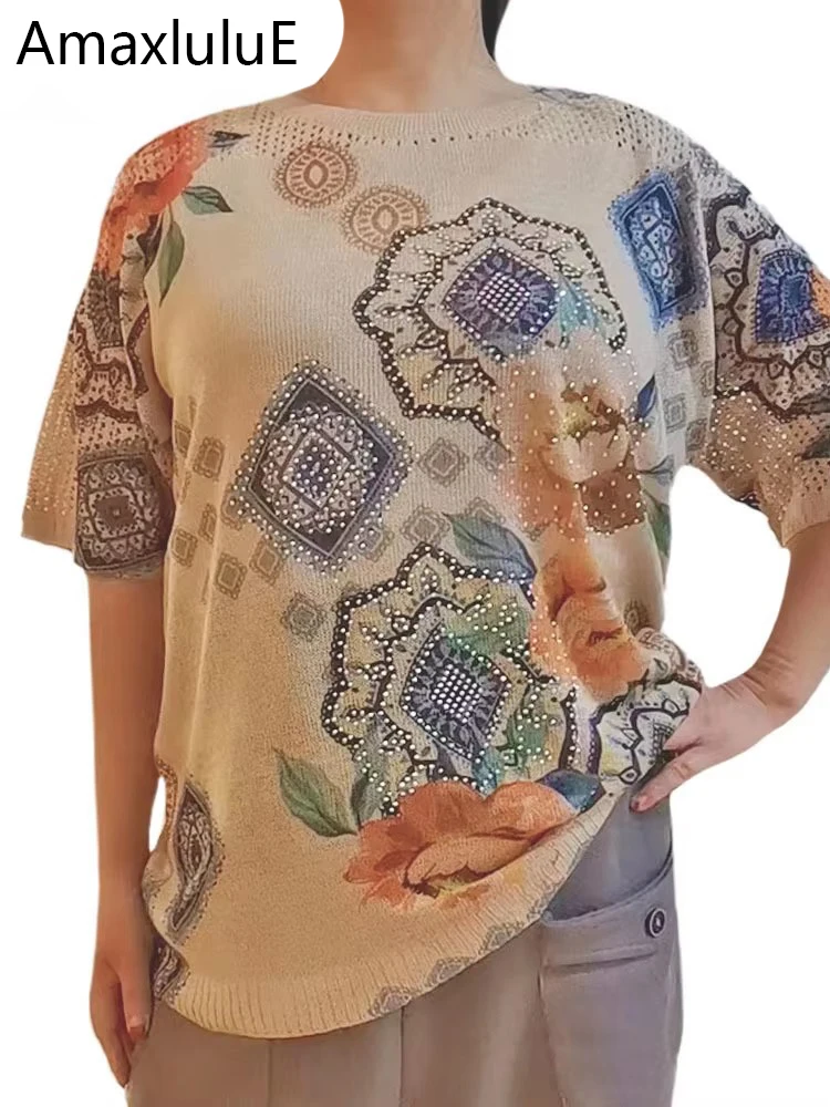 Amax luluE Summer Knitted Tees Womens Fashion Loose Printed Diamond T Shirts Ladies Luxury Elastic Tops Leisure Cotton Clothes