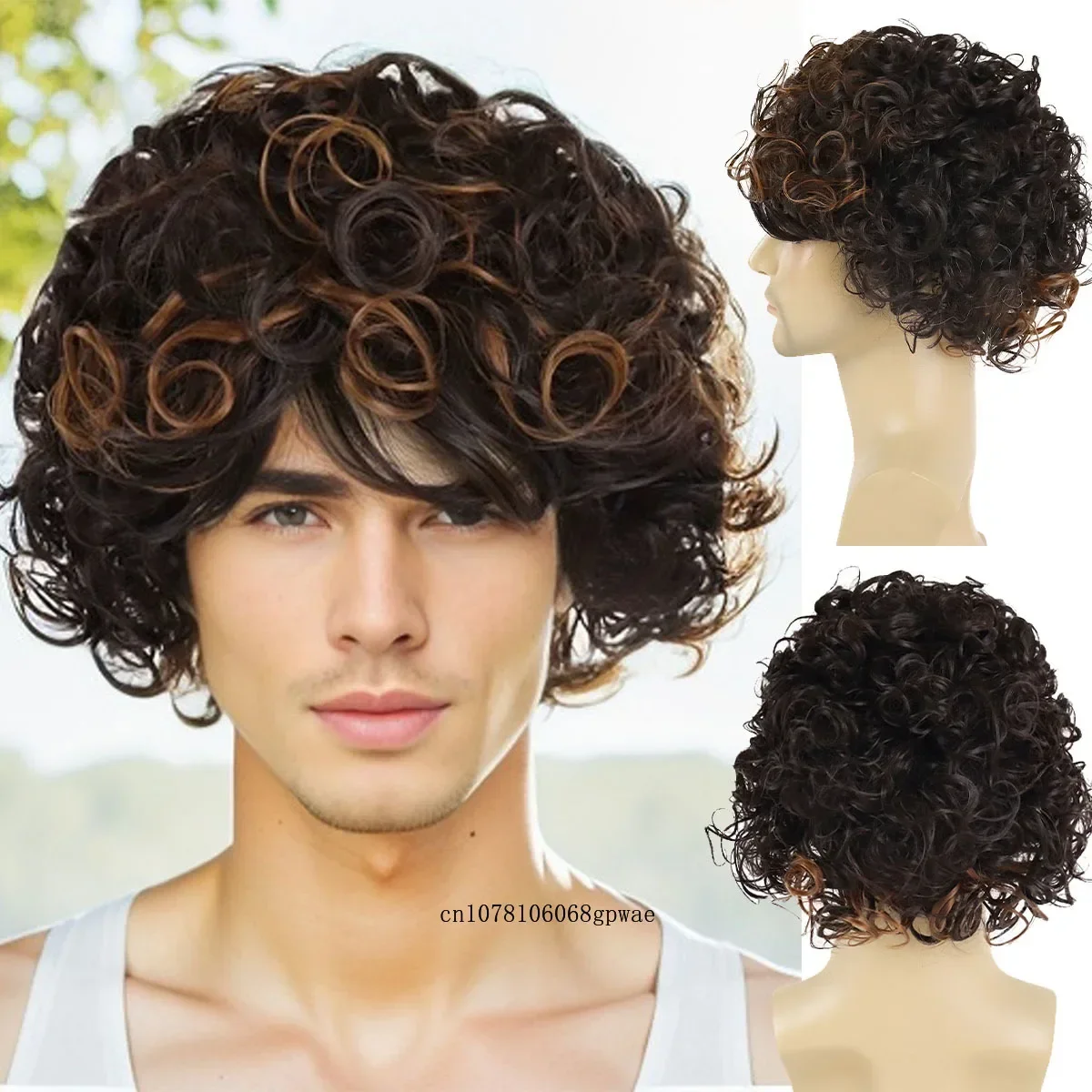 

Men's Afro Wig Synthetic Short Curly Mix Brown Wigs with Bangs for Man Natural Fluffy Daily Party Use Heat Resistant Breathable