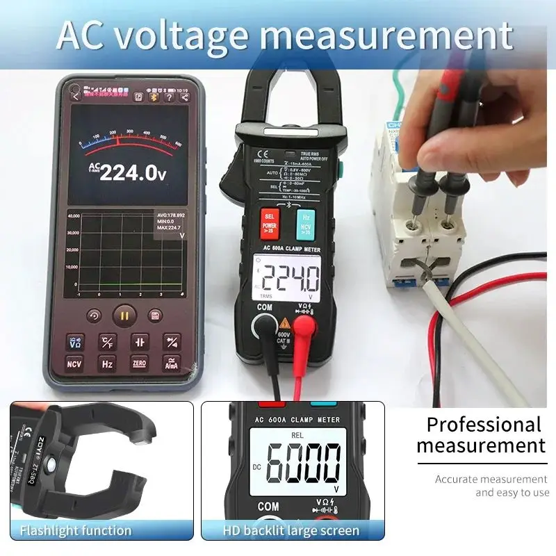 ZOYI 5BQ Digital Bluetooth Multimeter Clamp Meter 6000 Count True RMS DC/AC Voltage Tester AC Current Hz Capacitance Ohm