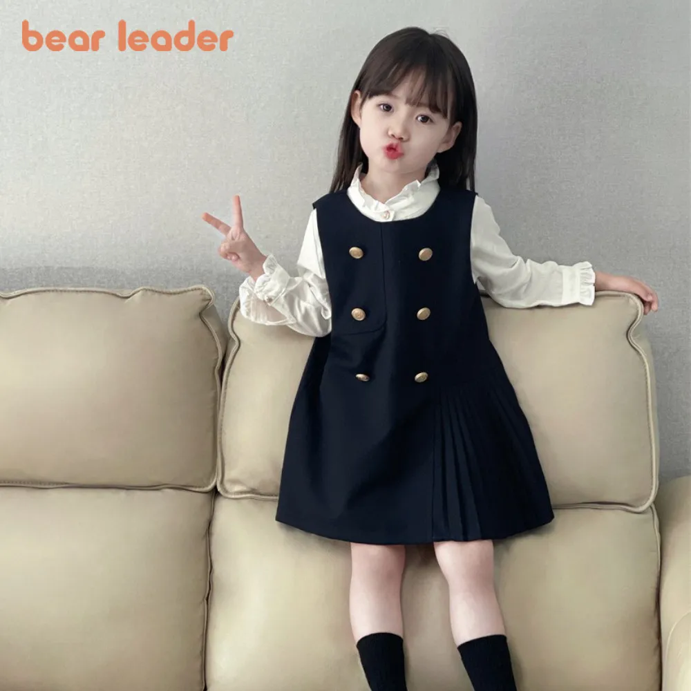 

Bear Leader 2024, осенняя одежда для девочек, корейская версия, модный детский комплект в студенческом стиле, рубашка с длинными рукавами + платье без рукавов