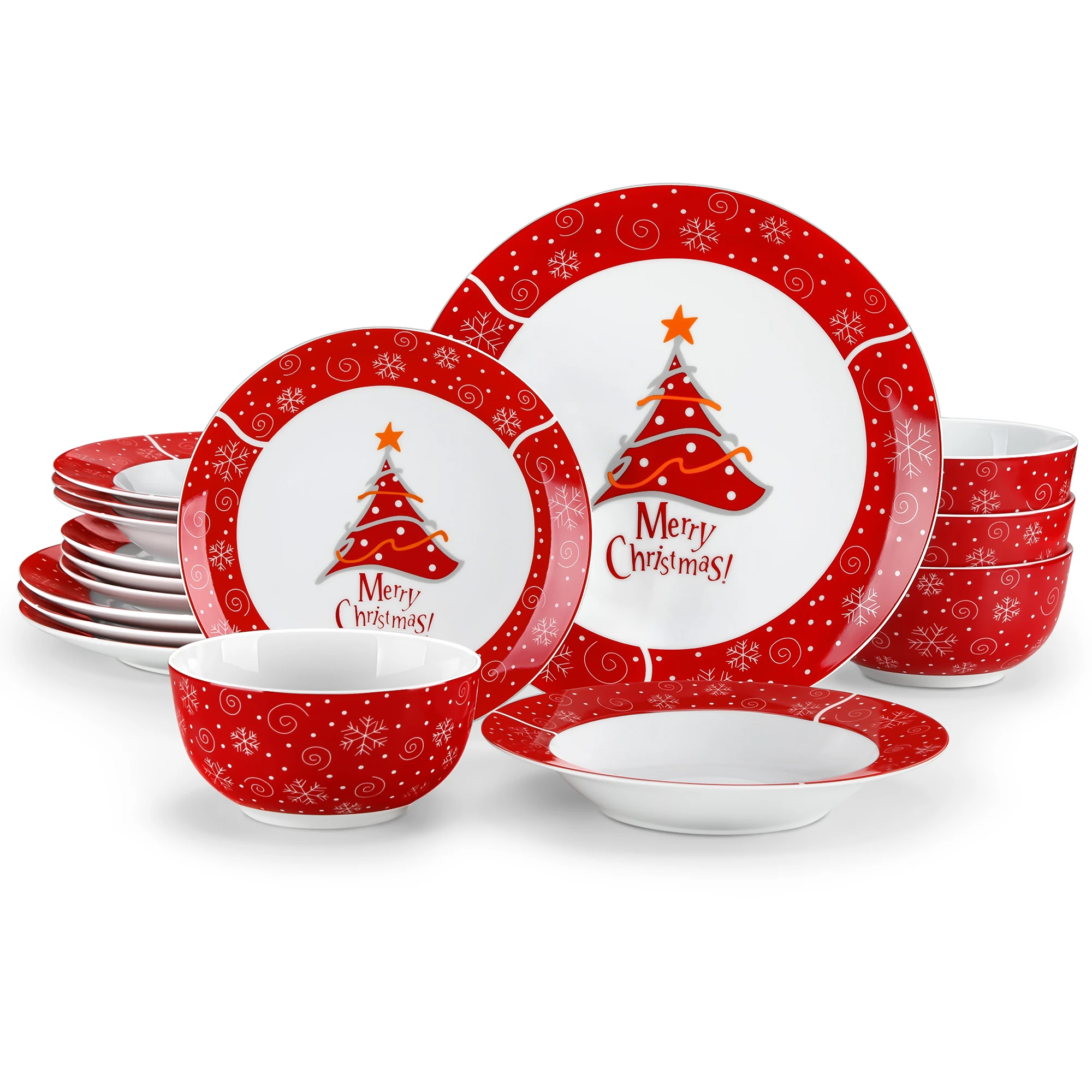 VEWEET 16/32 Piece Ceramic Plate Set Christmas Tree Plate Christmas Tableware Set with 4/8PCS Dinner Plate/Dessert/Bowl For 4/8