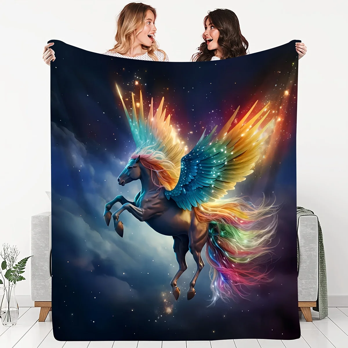 1pc Creative Text Flying Horse Gift Blanket For Fans Of Fantasy Starry Sky Friends Soft Blanket Flannel Blanket