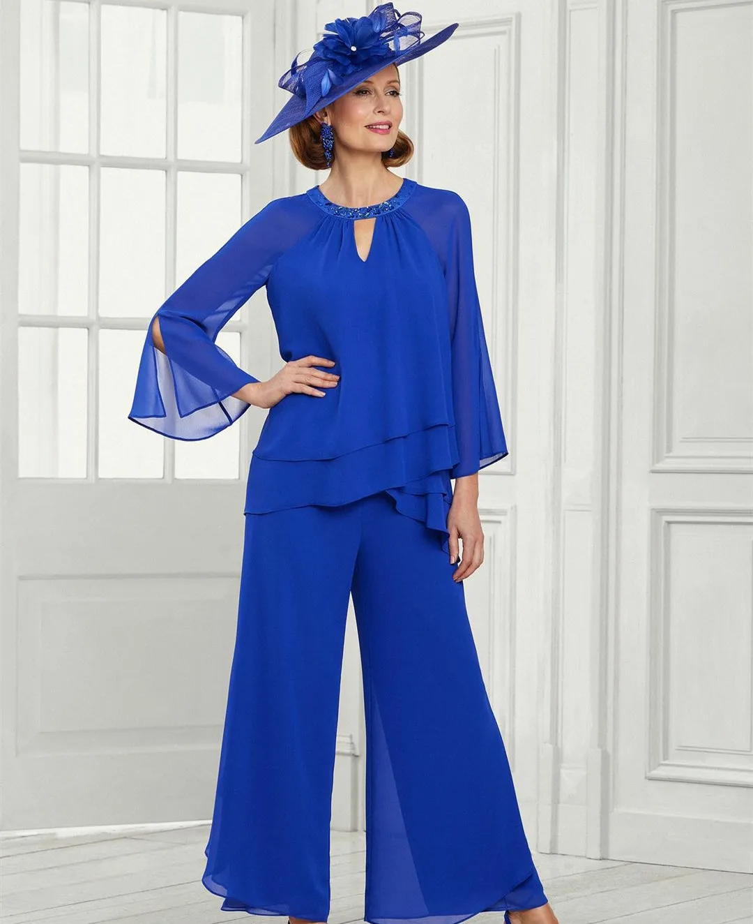 Classy Long Chiffon Royal Blue Beaded Mother of the Brides Dresses Jumpsuit A-Line Floor Length Godmother Dress for Women