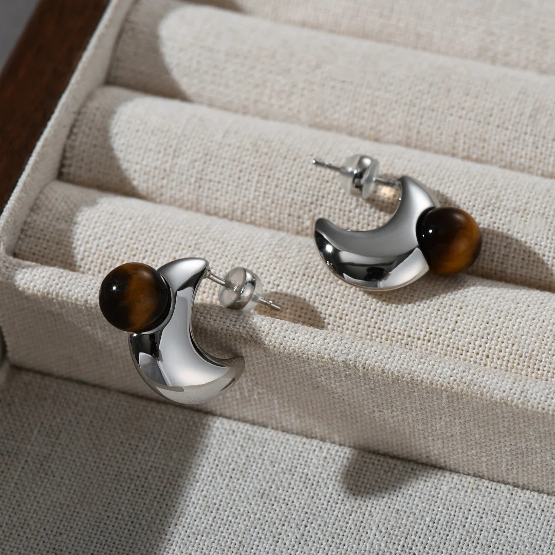

Minimalist metal crescent tiger's eye stone earrings for women