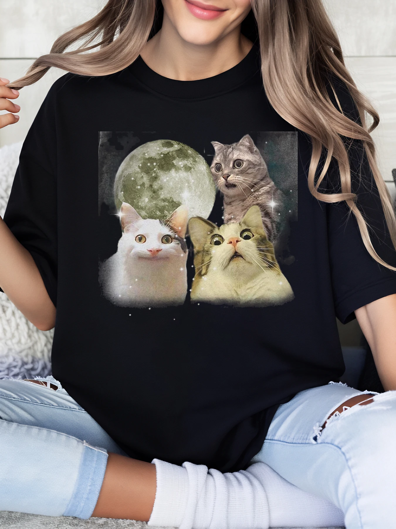 

Cats and Moon Print Halloween t Shirt Women Casual Wear for Party Night Out Black Plus-Size