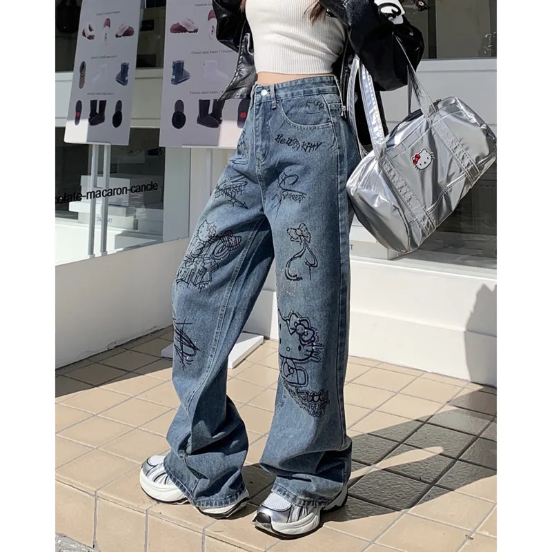 Hello Kitty Y2k Retro Baggy Jeans High Street Hot Diamond Zipper Wide Leg Trouser High Waist Straight Blue Denim Pants For Women