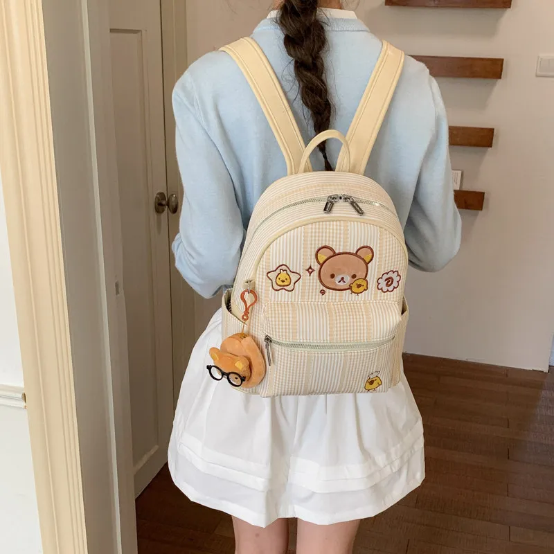 Sweet Girl Style Cartoon Backpack for Women2026New plaid striped large-capacity casual everyday college-style small backpack