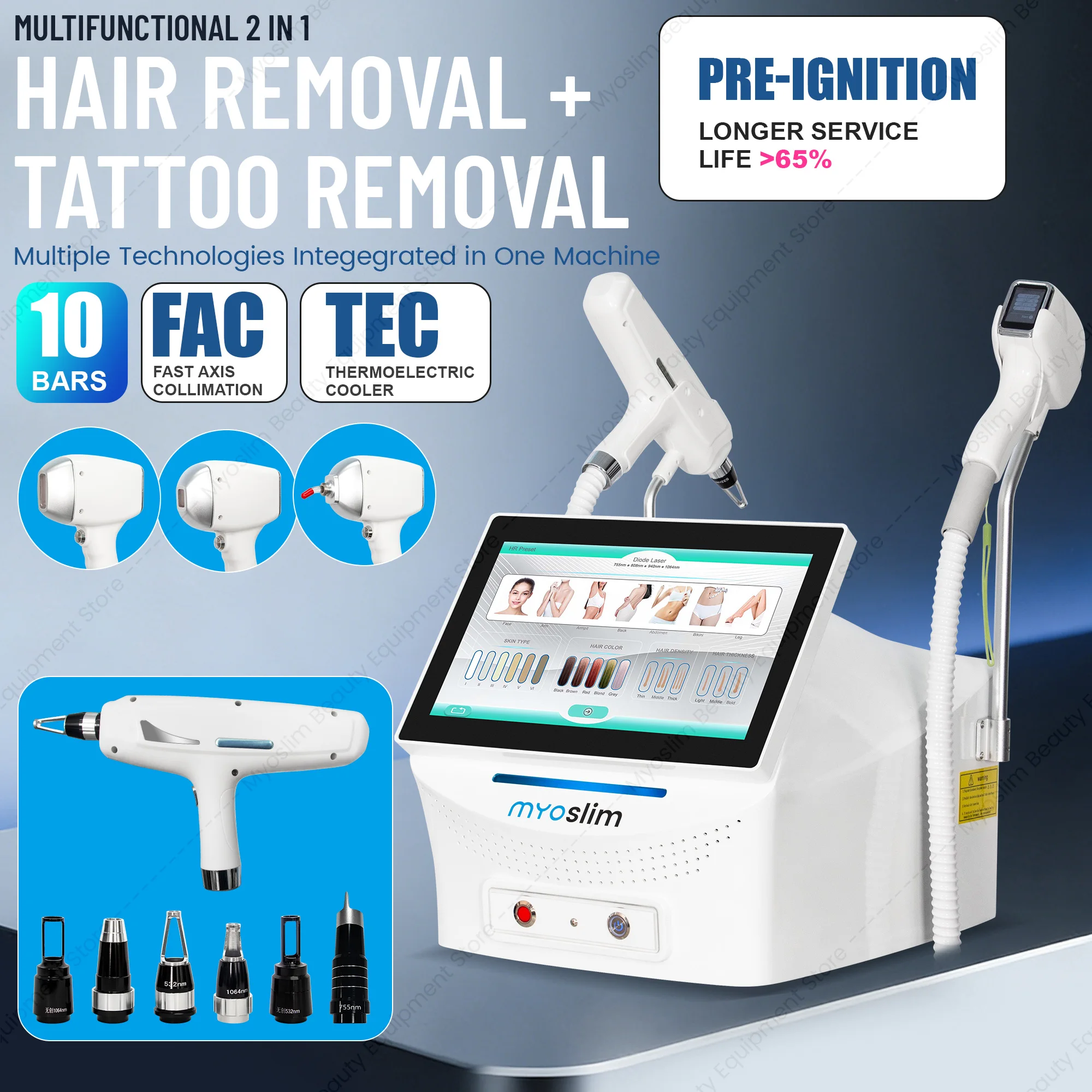 Picosecond Beauty System 808nm Professional 6 Wavelength 2-in-1 Diode Laser Hair Removal with Smart Touch Contro