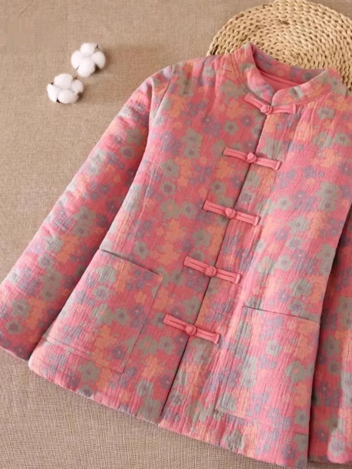 

Thiened Floral Cotton Jaet Women's Vintage Artistic Winter Coat Warm Outerwear Loose Fit Long Sve Stand Collar Button up