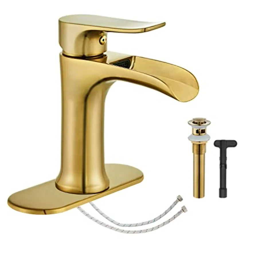 

Brushed Gold Bathroom Faucet Waterfall Single Hole Single Handle Bathroom Sink Faucet with Pop Up Drain bath05