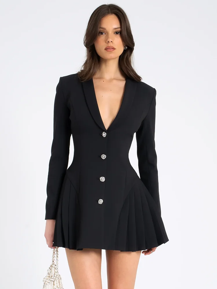 Mozision Autumn Black Blazer Mini Dress For Women Fashion V Neck Single-breasted Long Sleeve High Waist Pleated Sexy Dress