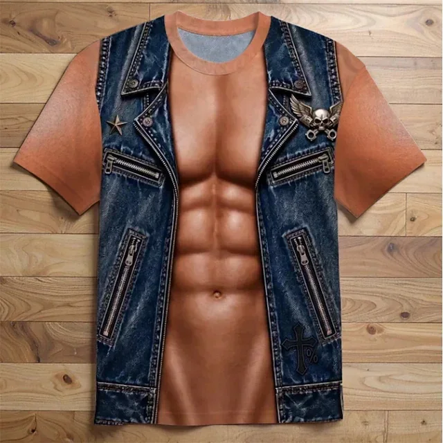 Funny Mens 3D Muscle Chest Print T Shirt Biker Vest Illusion Short Sleeve Tee Funny Streetwear Summer Casual Top Male Shirts
