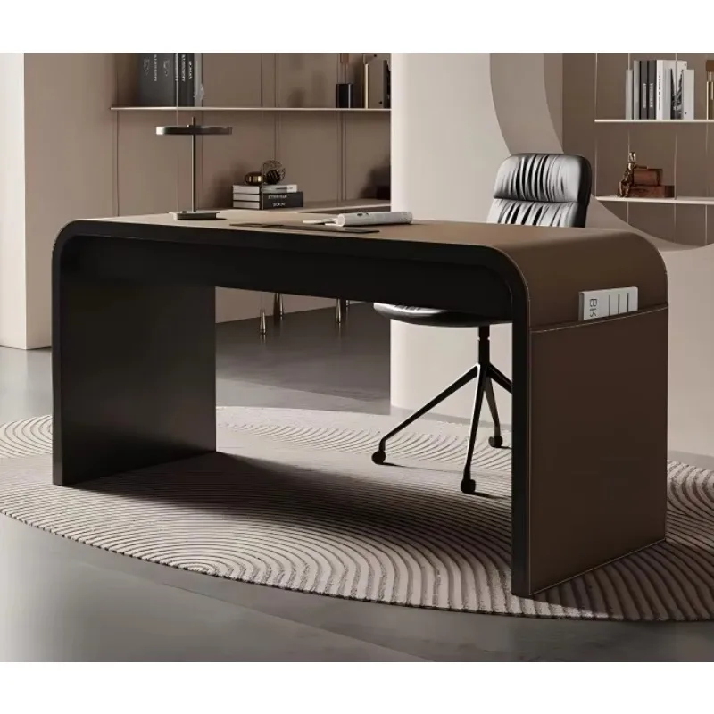 Modern Leather Desk Luxury Curved Office Writing Desk Side Storage Simple Home Office Workstation