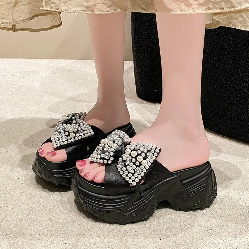 8cm Shiny Rhinestone High Platform Slippers Women Butterfiy-Knot Heels Chunky Sandals Woman Summer Thick Bottom Wedges Slides