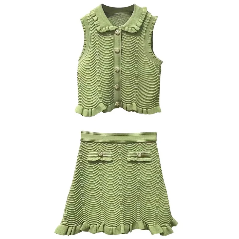 Women Ruffled Collar Wave Knit 2 Piece Wavy Texture Sleeveless Vest Top Mini Skirt Elegant Sweet Green Knitted Suit