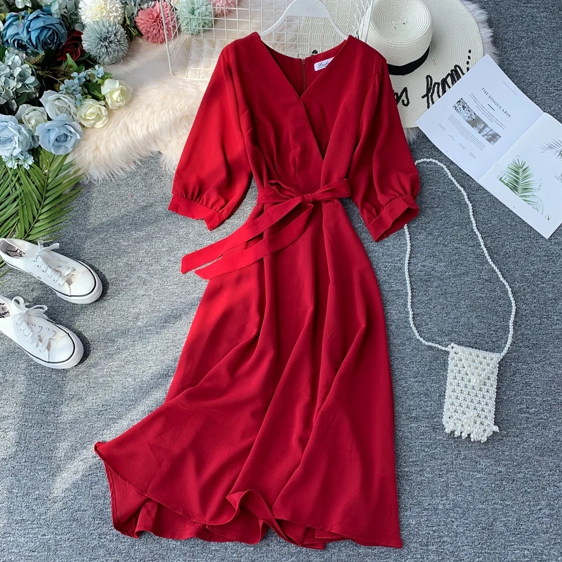 Vestido de praia longo com decote em v feminino, vestido vintage boho, manga lanterna bandagem, vestido de festa, vestidos elegantes casuais, verão, sólido