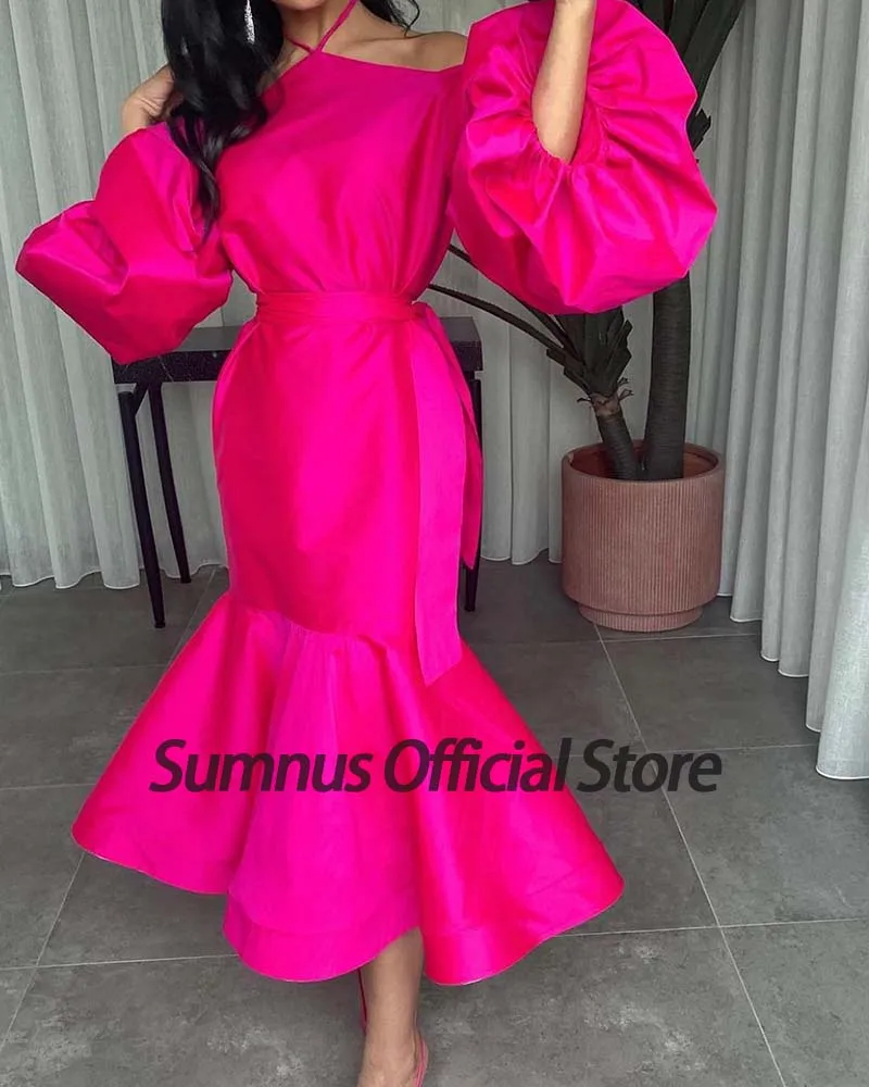 Sumnus quente rosa halter vestido de baile com cinto puff manga midi vestidos de festa elegante dubai vestidos de noite para mulher robe de soiree