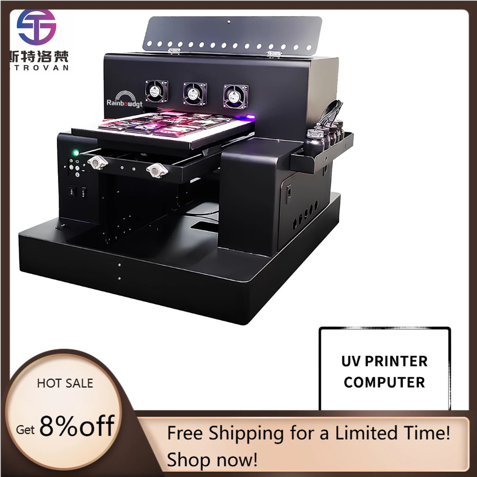STLF JW Rainbow A3 Automatic UV Flatbed Printer with XP600 Print 2400 DPI for Polyethylene (PE) Mobile Back Cover Printing