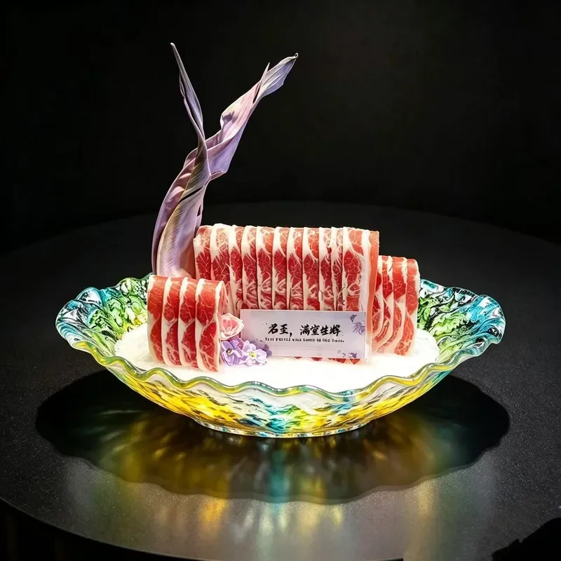 Creative Wave Glass Sashimi Plate Seafood Serving Dish Modern Art Concept Tableware for Hotel Restaurant Wagyu Beef