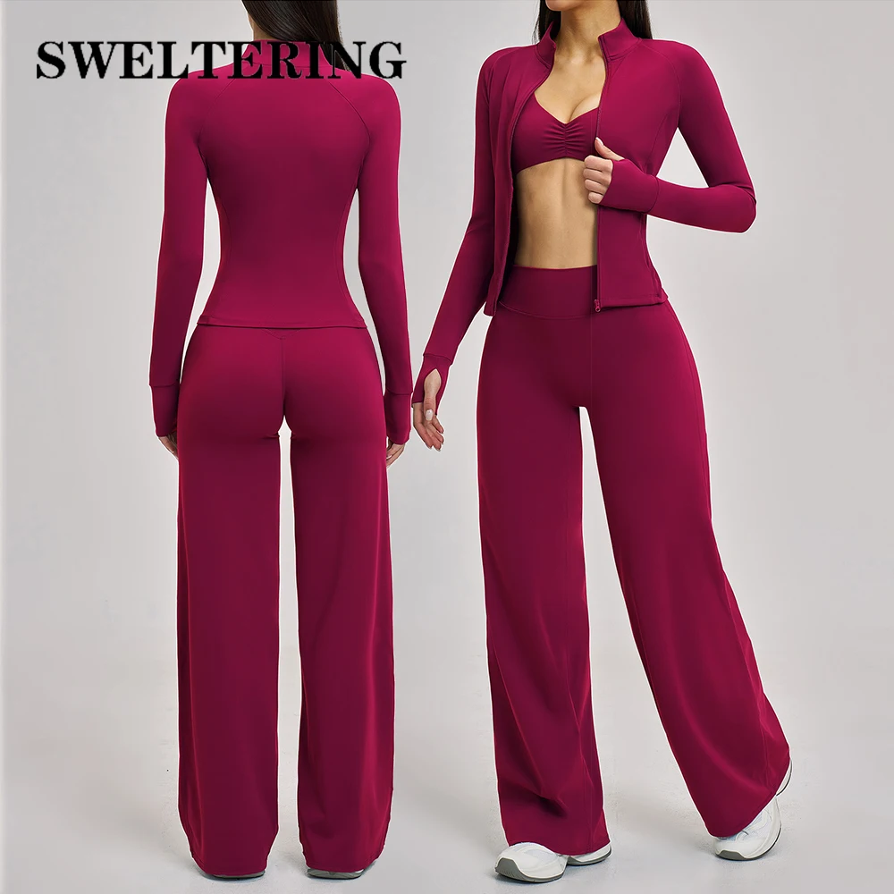 

Комплект для йоги из 3 предметов: спортивный костюм для женщин, одежда для фитнеса, спортивная одежда, женская куртка на молнии, спортивный костюм, брюки с широкими штанинами, комплект для йоги