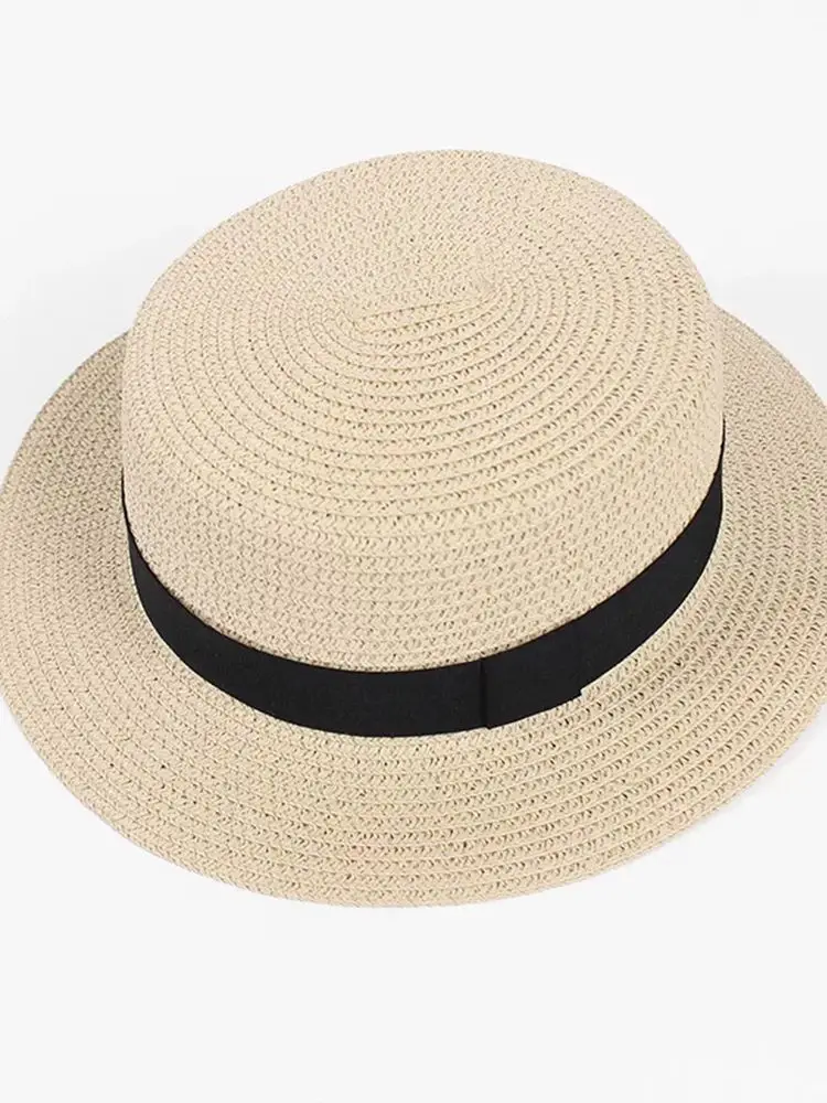 2019 new women\'s hat Ribbon Straw Sun Hat Breathable Large Brim Beach Summer Boater Beach Ribbon Round Flat Top Hat For Women