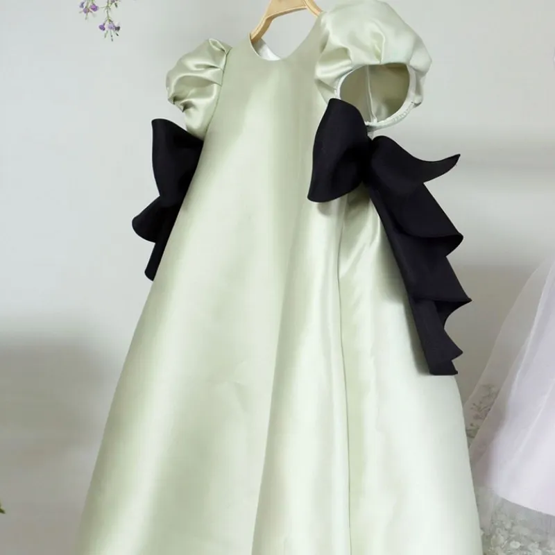 Baby Girl Princess Bow Dress Puff Sleeve Infant Toddler Child Teen Elegant Green Satin Vestido Party Birthday Baby Clothes 1-14Y