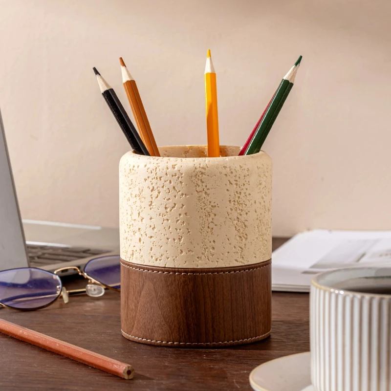 ✨Stone Texture Pen Holder Faux Walnut Leather Base Pencil Organizer Minimalist Modern Office Desk Decor kawaii desk accessories