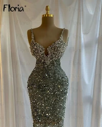 Green Beaded Seuqins Spaghetti Straps Party Dress Midi Long Sheath Dress With Silver Crystals Evening Dress  Vestidos De Fiesta