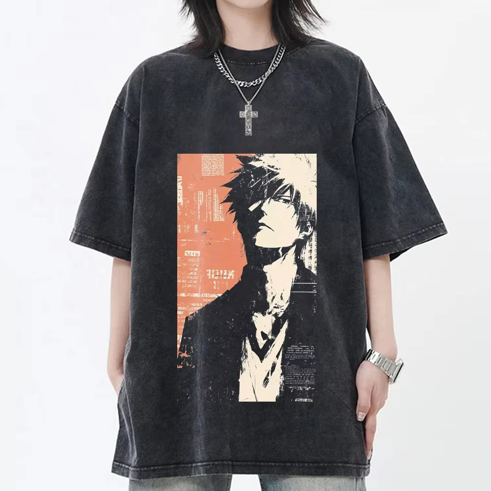 Kurosaki Ichigo BLEACH Anime Clothing Men Women Oversized T-shirts Short Sleeve Washed Retro Cotton Graphic Tee Streetwear Tops