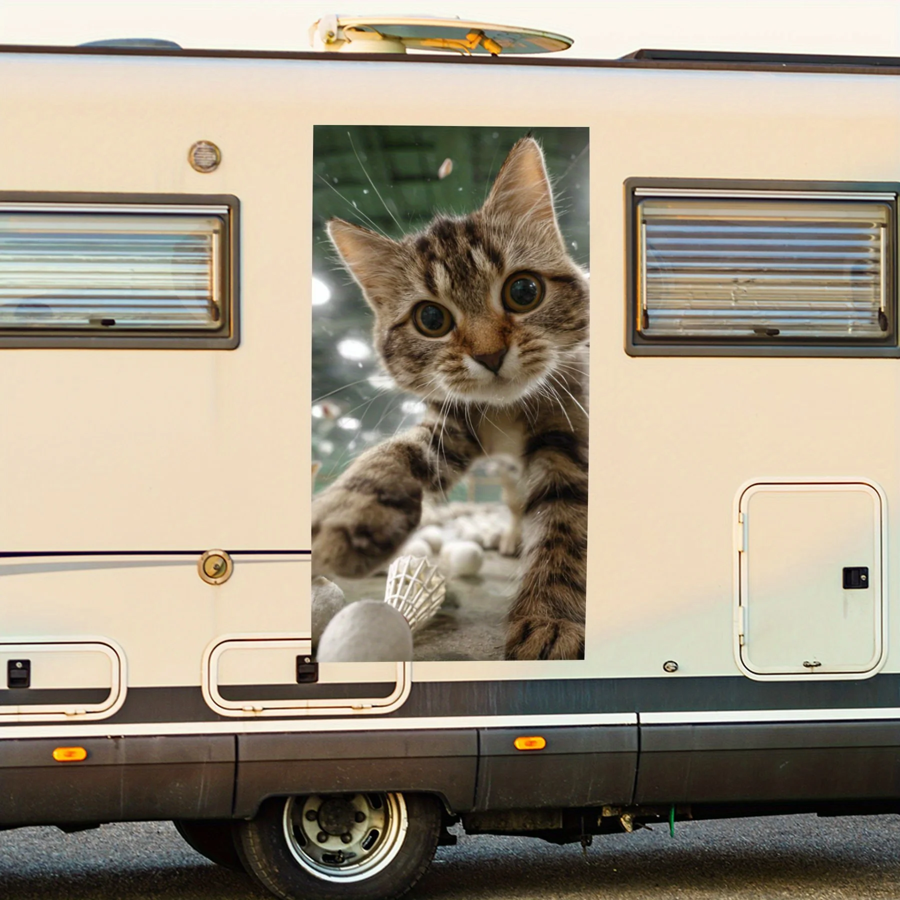 

Funny Cat Playing Badminton,Waterproof Vinyl Decal for RV Side, Self - Adhesive Stickers to Decorate & Protect RV Body, Perfect