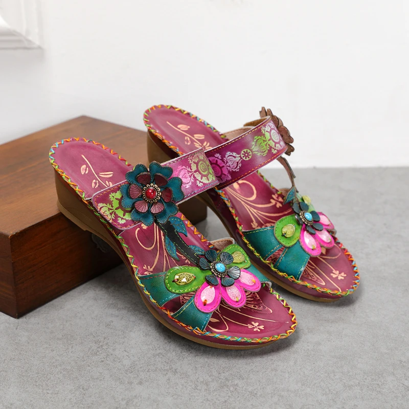 Koznoy 3.5cm Women Summer Slippers Genuine Leather Ethnic Flats Appliques Flower Platform Comfy Women Fashion Ladies Hook Shoes