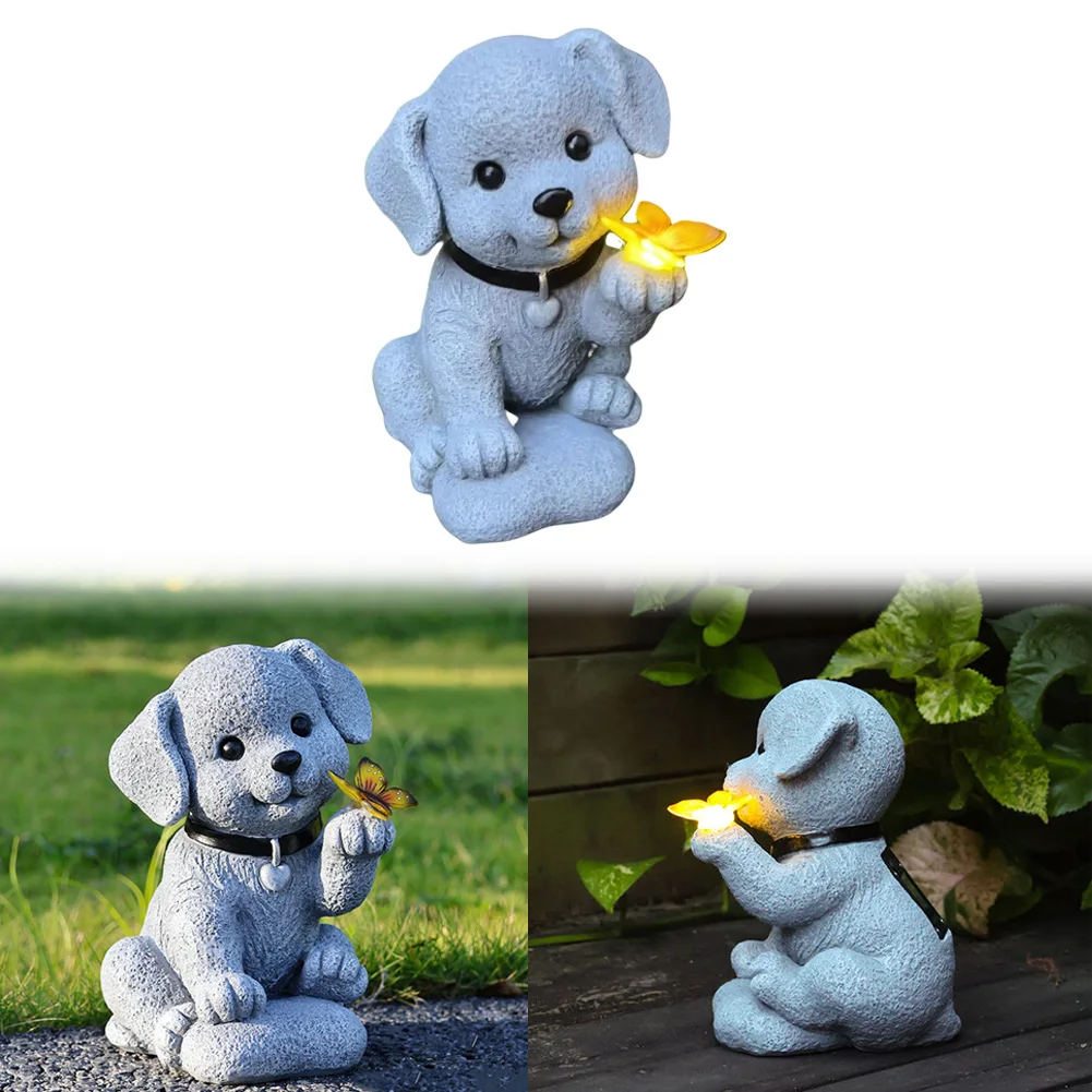 

Solar Powered Puppy Holding Butterfly Figurine Light Waterproof Small Dog Butterfly Decor Lamp Auto On Outdoor Garden Decor