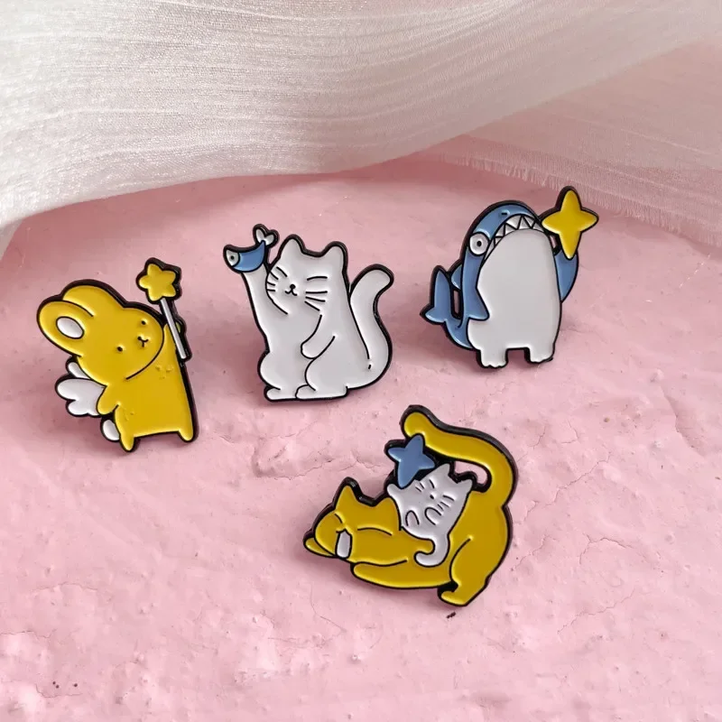 Funny Cartoon Shark Rabbit Cat Enamel Brooch Cute Animal Toy Lapel Badge Pins Jewelry Best Friend Gifts For Women Girls