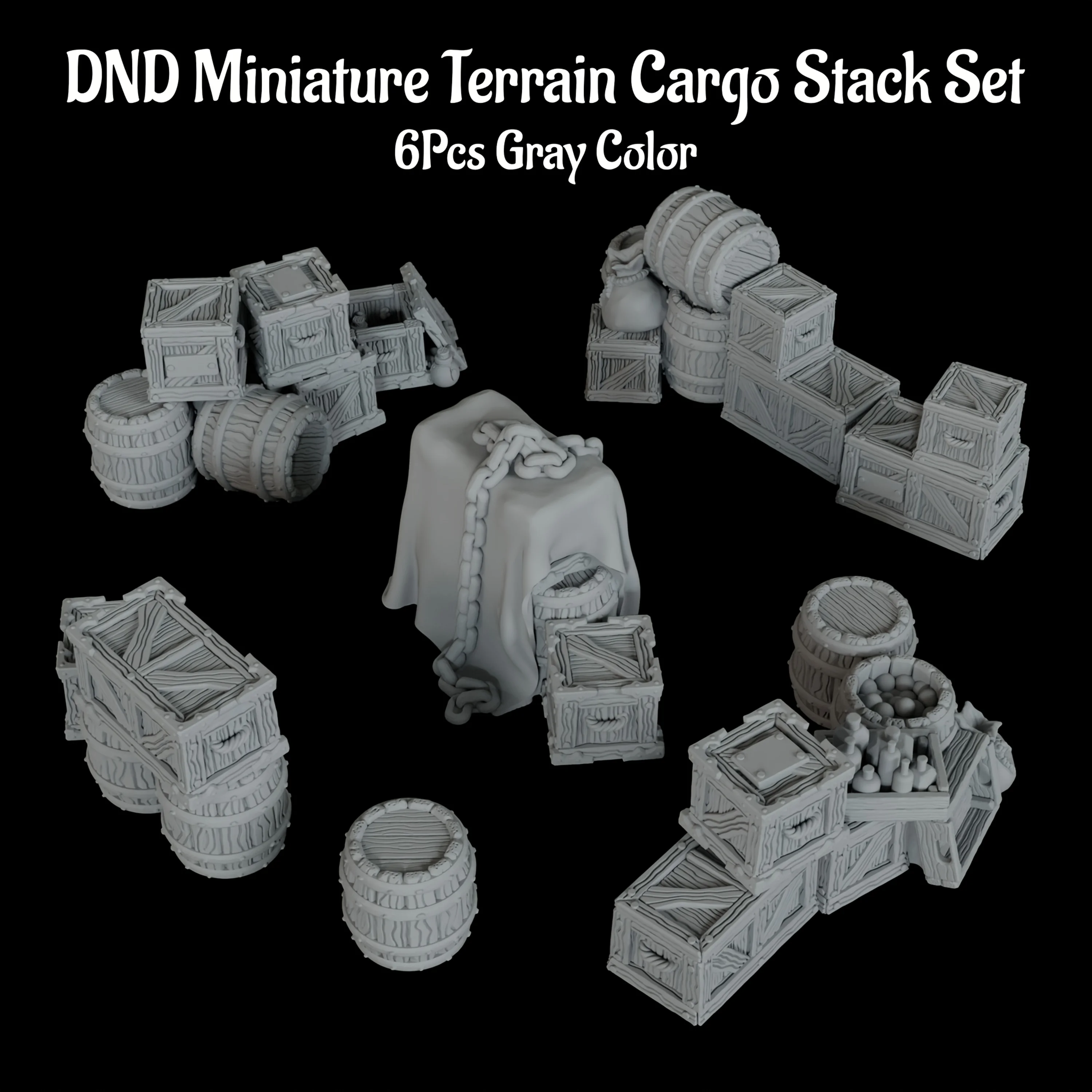 RPG Terrain Accessories, RPG Miniature Cargo Stack Crates & Barrels Set, Perfect for Dockside, Warehouse or Cargo Yard Scenes