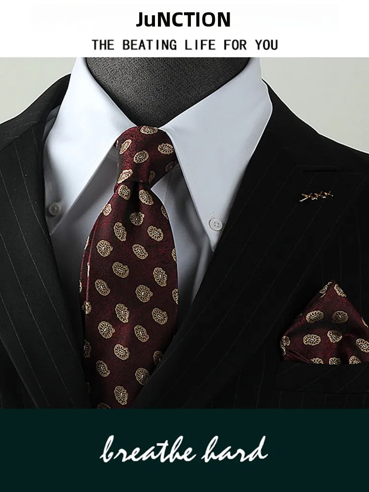 エレガントな赤い水玉模様のメンズネクタイ-結婚式のお祝い-ビジネスフォーマル-ブリティッシュスタイル-スクエアスカーフ-ギフトボックスセット