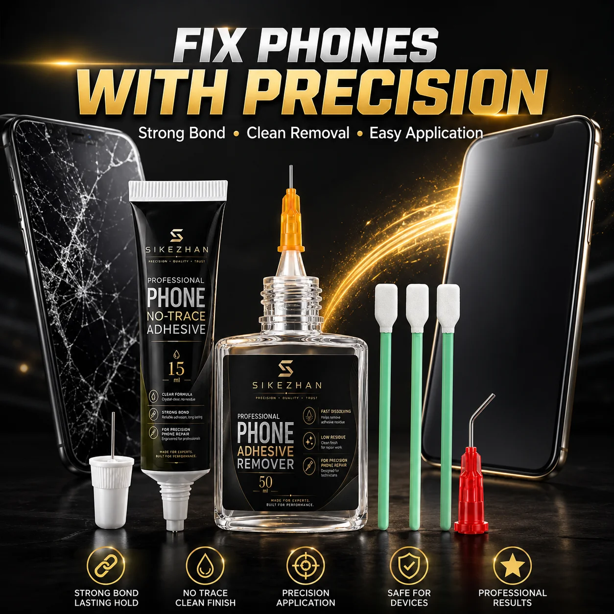 SIKEZHAN Handy-Reparatur-Klebeset 15ml Klebstoff 50ml Klebstoffentferner Präzisionsspitzen Reinigungstupfer für Bildschirm- und Rahmenreparatur