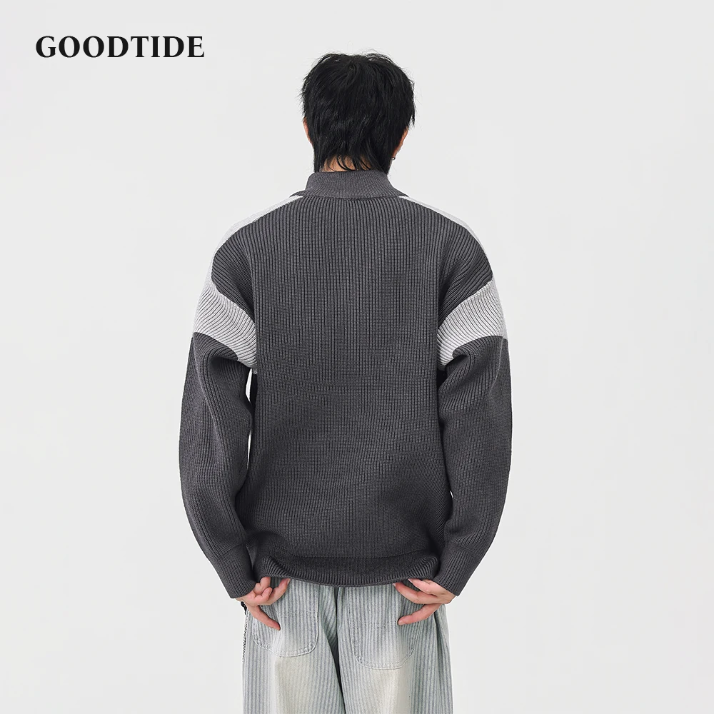 Fashion Men's Casual Half - Zip Mock Neck Sweater 2025 Winter Contrast Panel Ribbed Knit Pullover Soft Long Sleeve Jumper Top