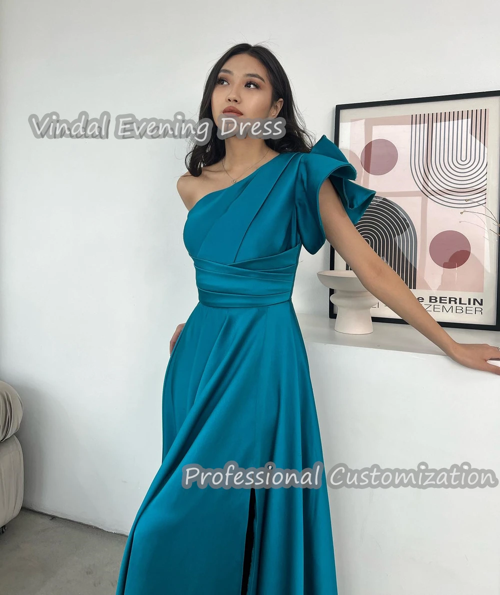 

Vindal Evening DressOne Shoulder Floor Length A-Line Ruffle Satin Built-in Bra Elegant Short Sleeves Saudi Arabia For Woman 2024