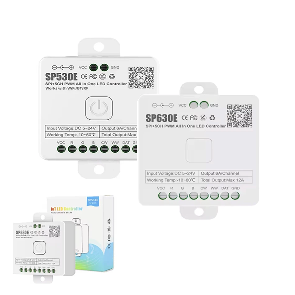 SP530E SP630E 12‑in‑1 WiFi Bluetooth-compatible SPI PWM LED Controller DC5‑24V, Smart APP Control for WS2811 WS2812B LED