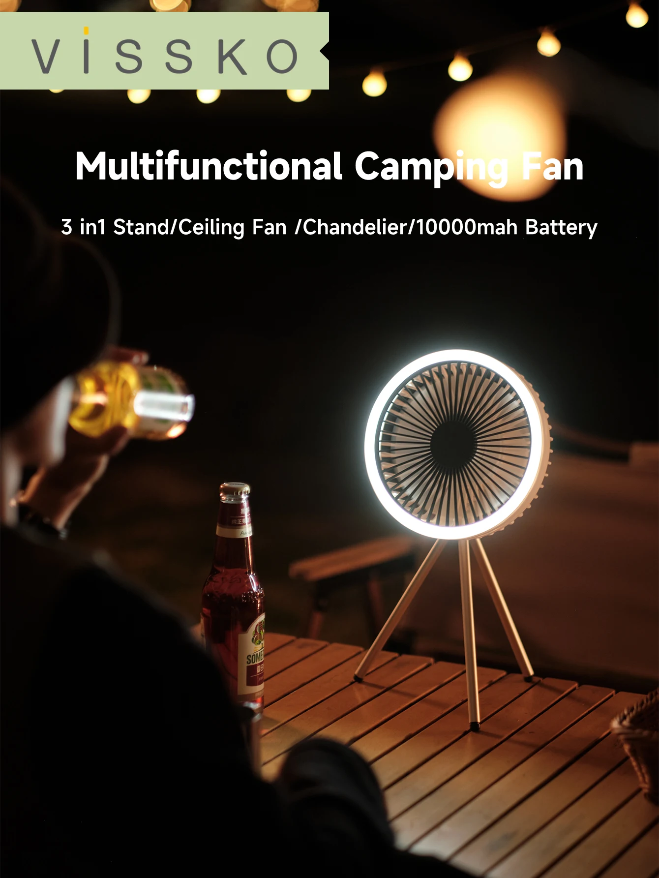 

Vissko 10000mAh 4000mAh Camping Tripod Electric Fan Rechargeable Portable Mini Room Fan USB Outdoor Table Ceiling Fan Led Light