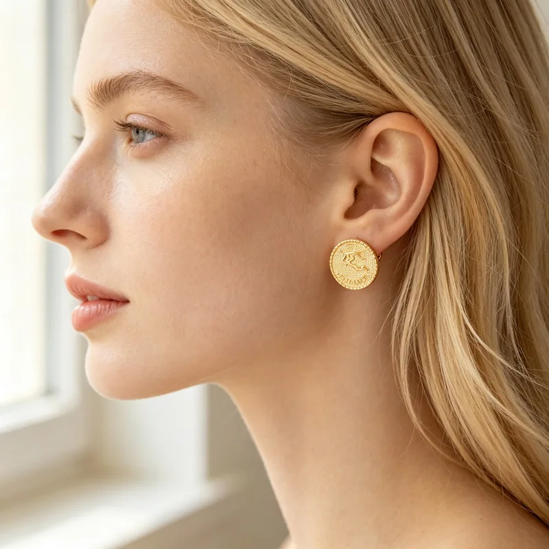 KALEN Vintage Relief Zodiac Sign Round Coin Stainless Steel Stud Earrings Aries Coin Style Ear  Fashion Jewelry Birthday Gifts