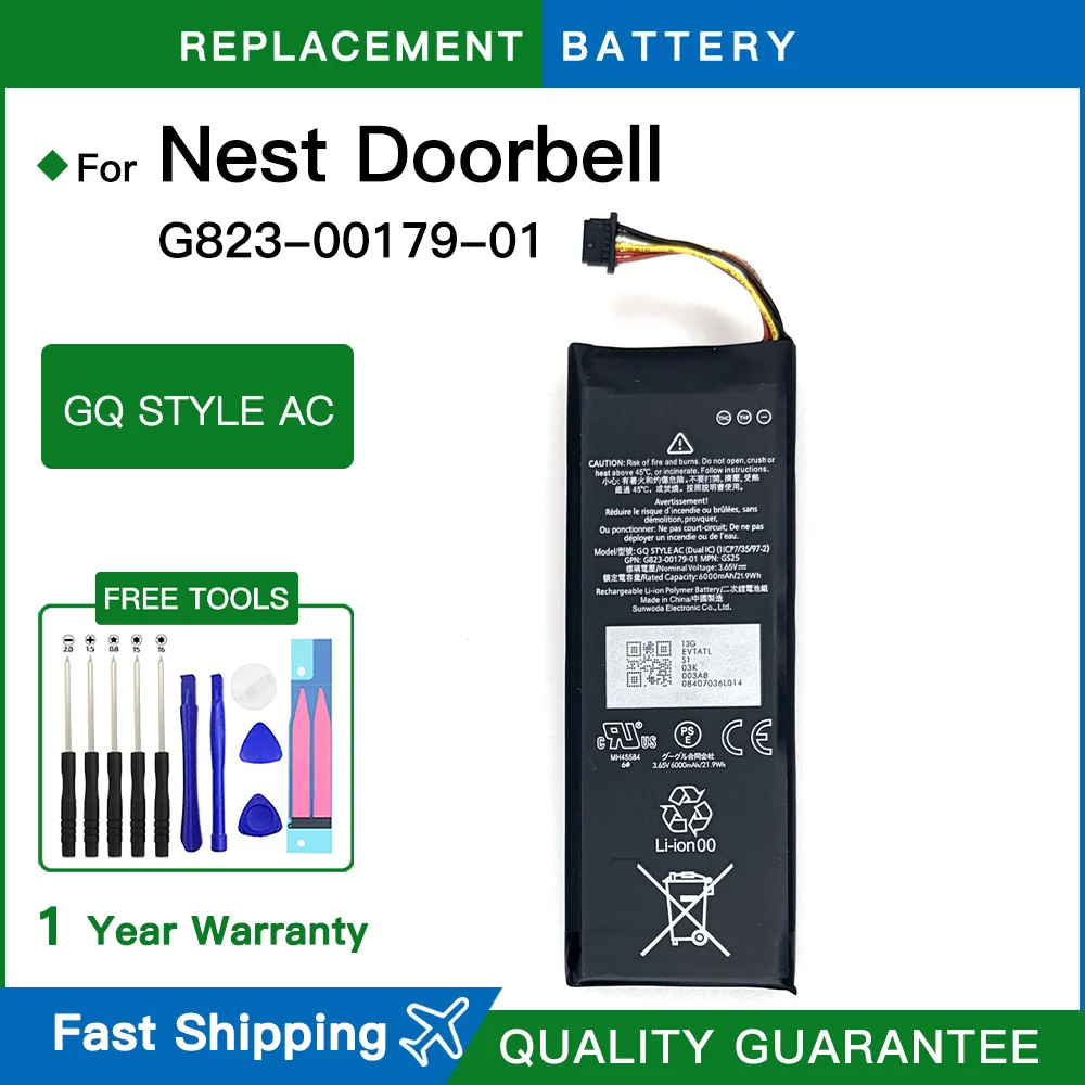 Brand New Home Security Camera Battery GQ STYLE AC G823-00179-01 for Nest Doorbell Capacity 3.65V 6000mAh 21.9Wh +Free Tools
