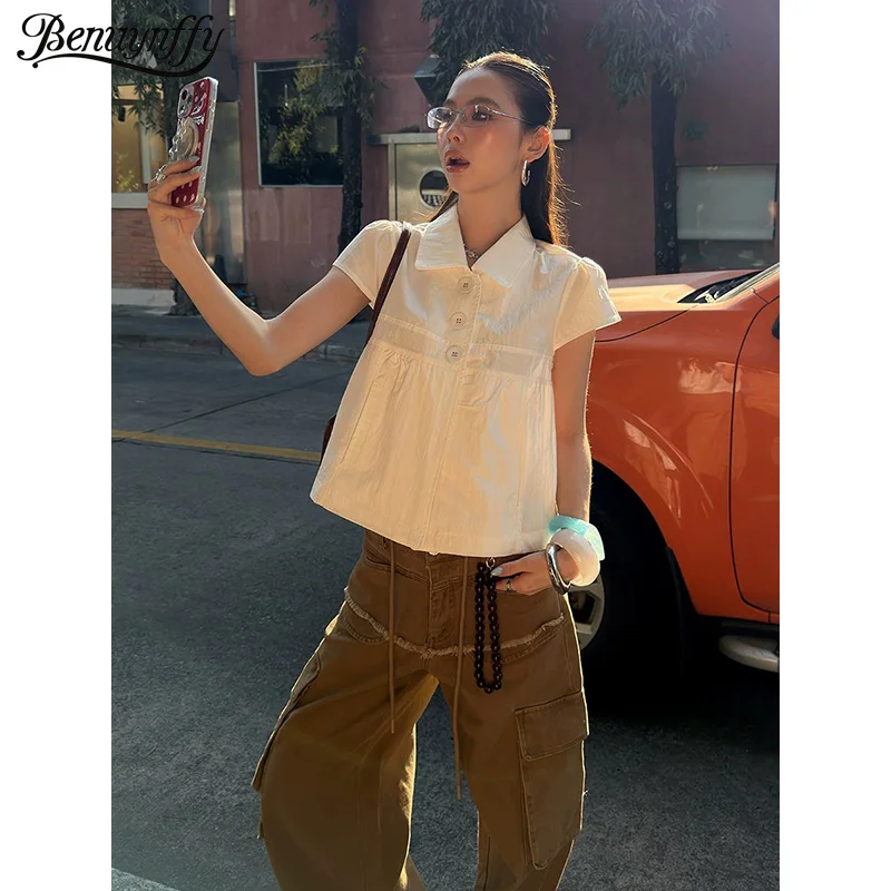 

Винтажная блузка Benuynffy с пуговицами спереди, женская, весна-лето 2026, новая, шикарная, однотонная, с коротким рукавом, повседневная, в уличном стиле