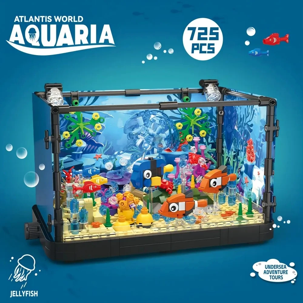 MOC Ocean Fish Tank Aquarium Building Block Set with Turtle - DIY Toy Brick for Kids Creative Playset Home Decor Birthday Gift