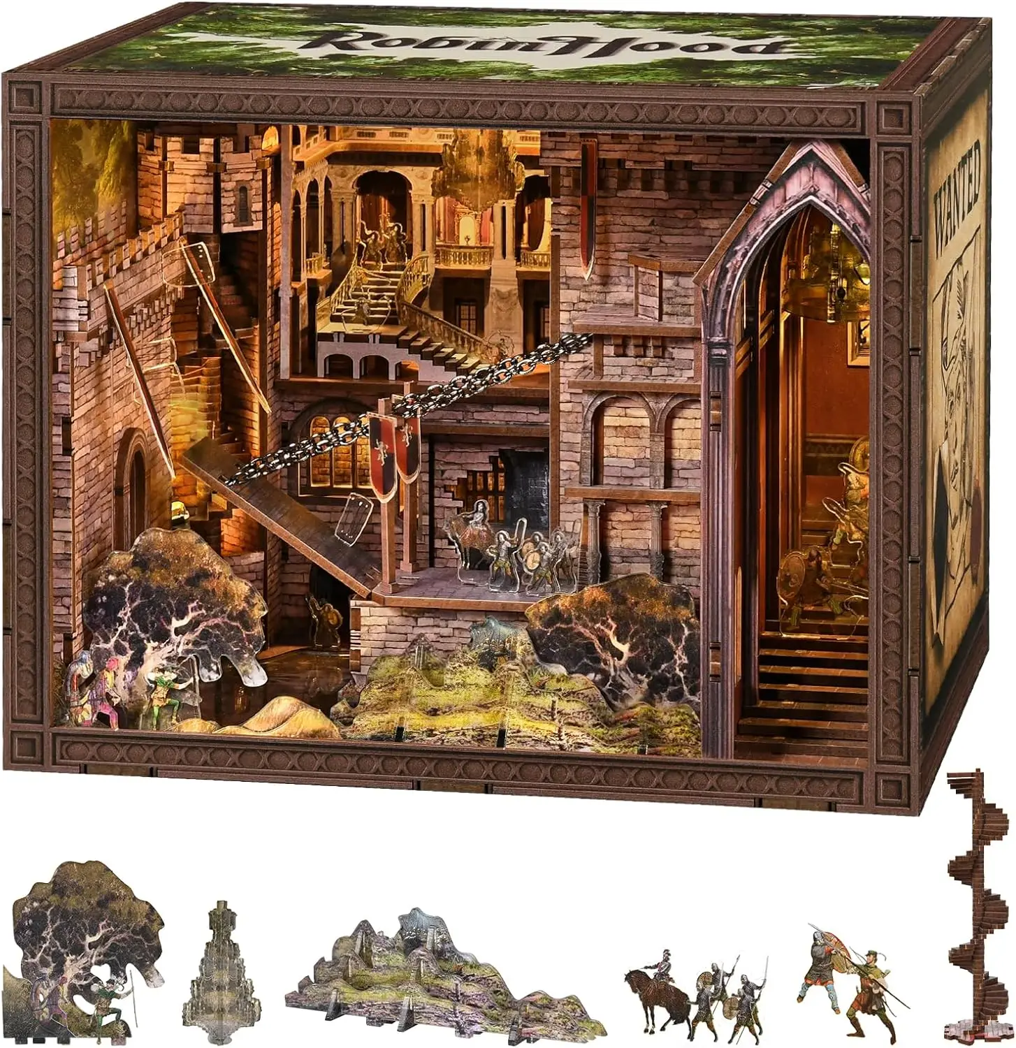 Robin Hood Escape Book Nook Kit, Wooden Miniature House with LED | 351-piece wood/paper/plastic kit with LED and dust cover; glu