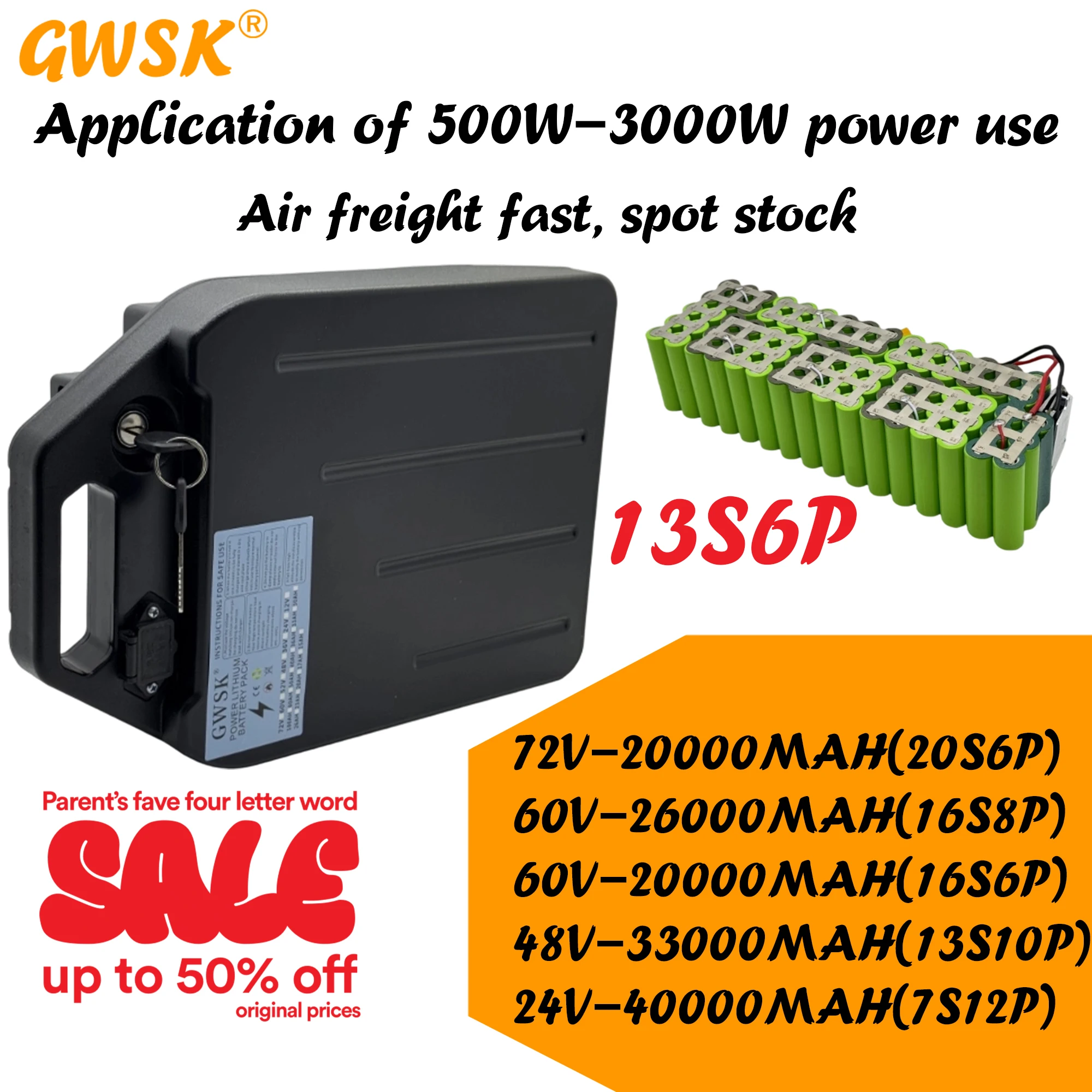 

GWSK,Air transportation,24V/48V/60V/72V18650 lithium battery, brand new with sufficient capacity suitable for motors below 3000W