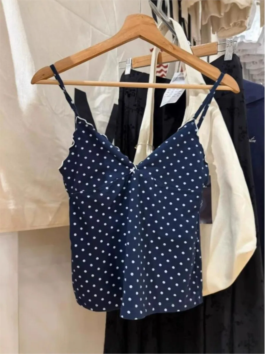 

Vintage Polka Dot Bow Tank Tops Women Navy Casual Cotton Slim Fungus Trim V-neck Sleeveless Camis Girls Cute Sweet Y2K Crop Top