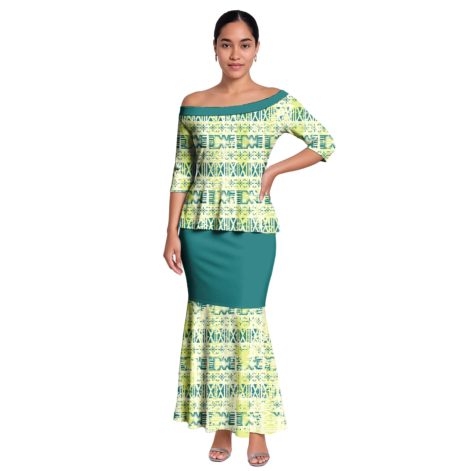 هاواي نمط الحياة عادية ملابس مخصصة ساموا القبلية السيدات فستان طويل تابا تصميم النساء 2 قطعة مجموعات البولينيزية حفلة Puletasi #2