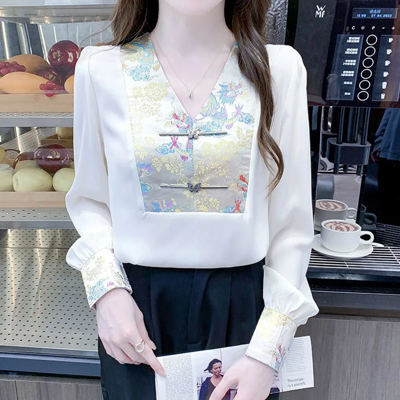 Vintage Embroidery Loose Blouse Spring Autumn V Neck Long Sleeve Solid Patchwork Elegant Shirt Tops Fashion Y2K Women Clothing