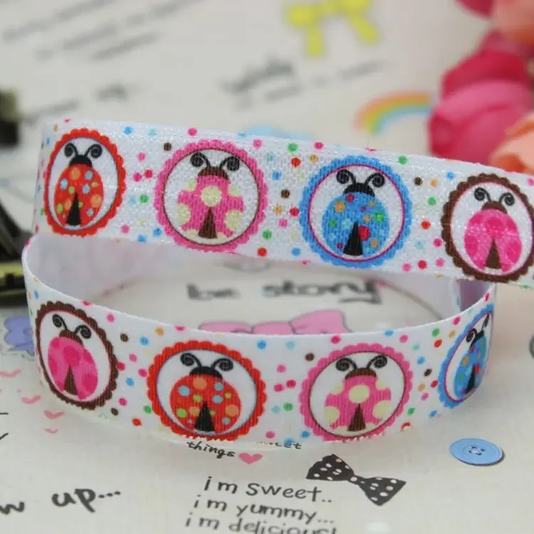 DHK 5/8 inch 5yards Fold Over Elastic FOE ladybug printed ribbon headband diy decoration OEM Wholesale E213